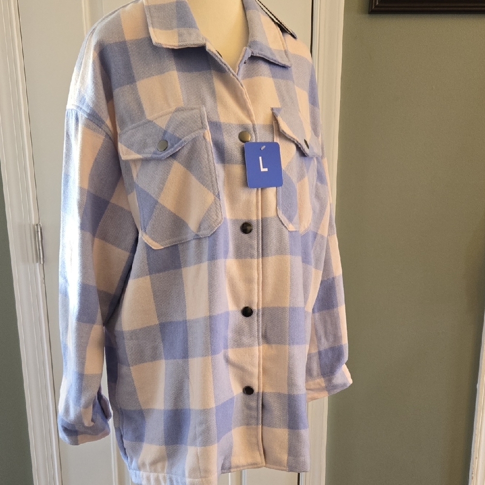 HFX Blue and White Plaid Snap Up Shirt Jacket Size Large NEW